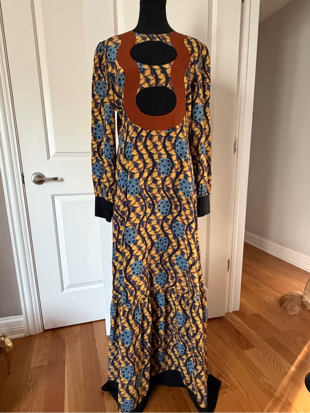 Long Printed Women's Dress with Rust Yoke and Blue Accents